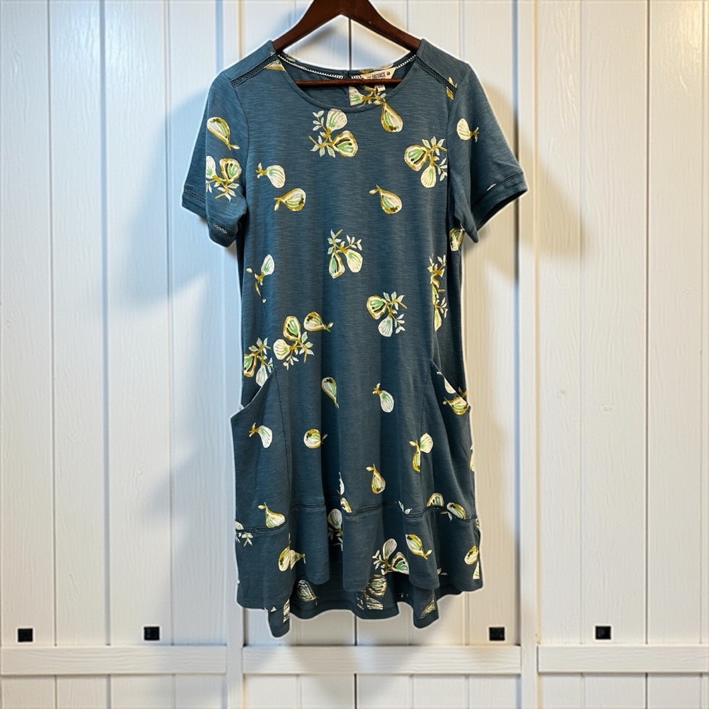 Fatface Women’s Fig Print Simone Dress Teal Short‎ Sleeve Jersey Knit Sz 10R